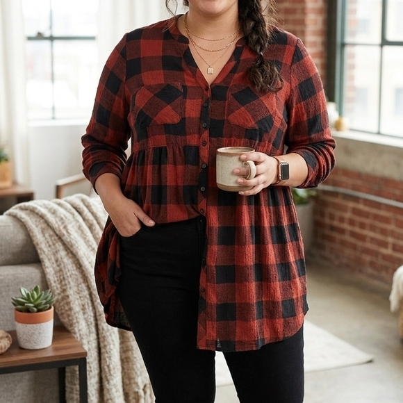 torrid Tops - Torrid Red & Black Buffalo Plaid Button Down Tunic - Size 2